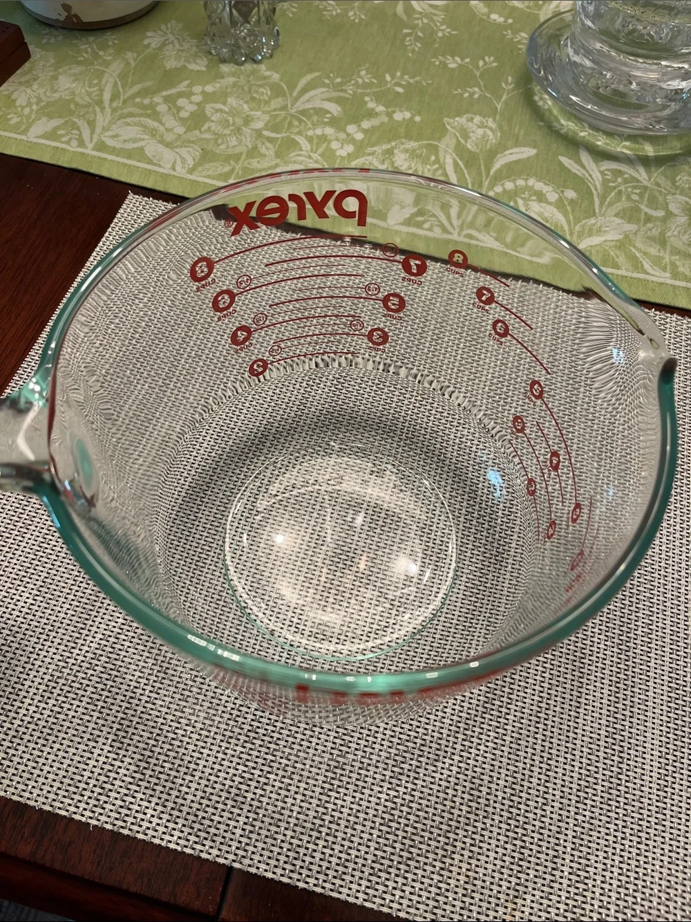 Pyrex Clear Glass Measuring Bowl with Red Lid and Red Markings
